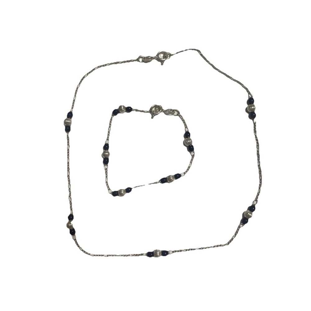 Sterling Silver Necklace and Bracelet Set 2 Pieces With Onyx Beads-7.11 g